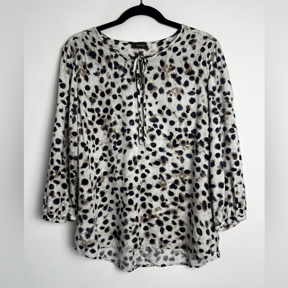 Crosby. Beige Abstract Animal Print Long Puff Sleeve Pullover Blouse Top Size L - Picture 1 of 8